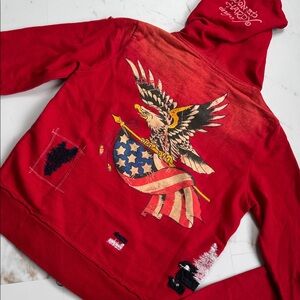 Y2K Ed Hardy Red Hooded Distressed Zip Up Eagle American Flag Retro Trendy
